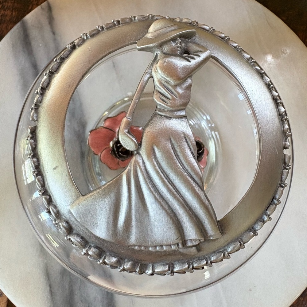 Vtg FORT Golfing Lady Pewter Lid Glass Candy Dish Small Trinket Box